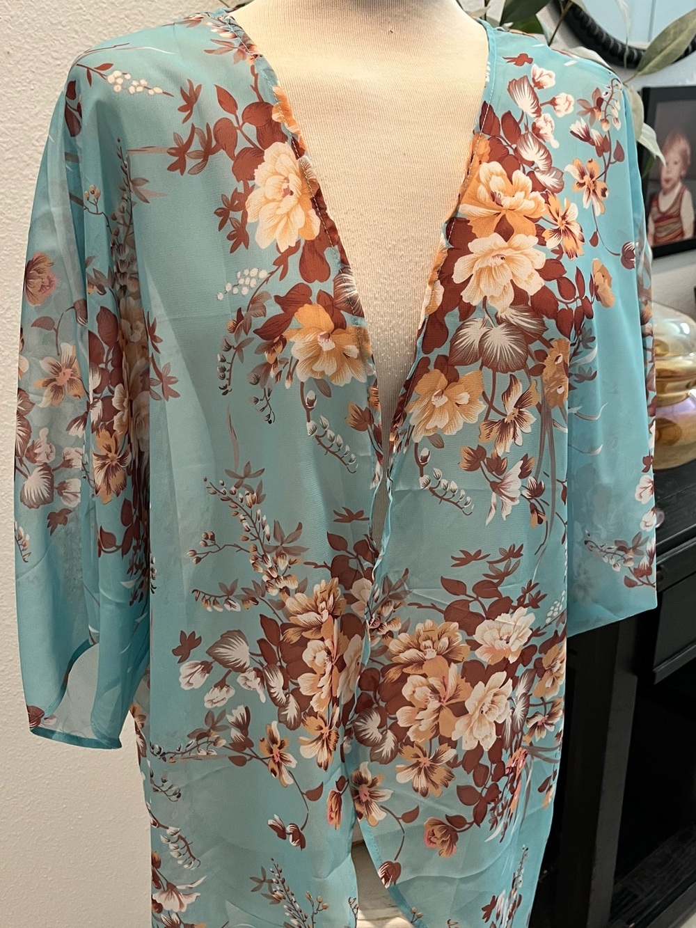 Sheer Floral Kimono Jacket in Aqua and Brown